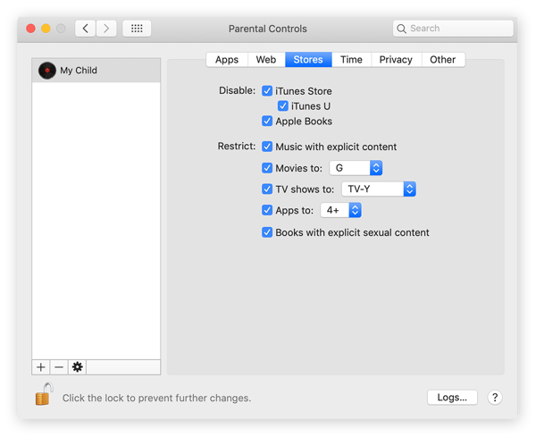 The Stores navigation panel within the Parental Controls pane lets you restrict or allow access to iTunes and Apple Books.