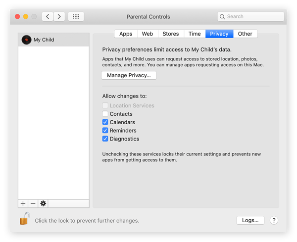 The Privacy navigation panel within the Parental Controls pane lets you determine the type of data which can be requested by apps.