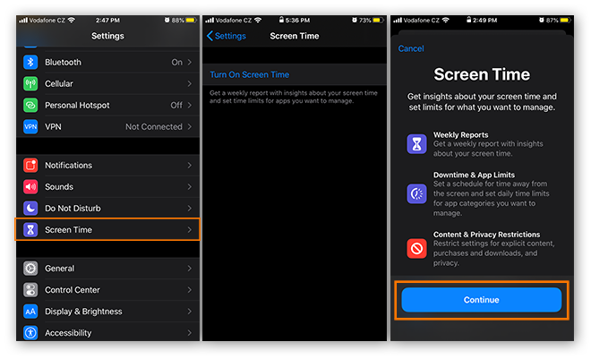 Abrir Tiempo de uso en la configuración del iPhone desde la aplicación Ajustes en iOS 13 y activar Tiempo de uso.