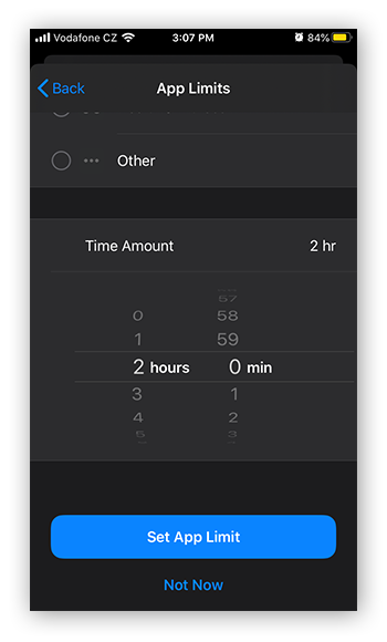 Choosing a time limit for app access in Screen Time for iOS 13