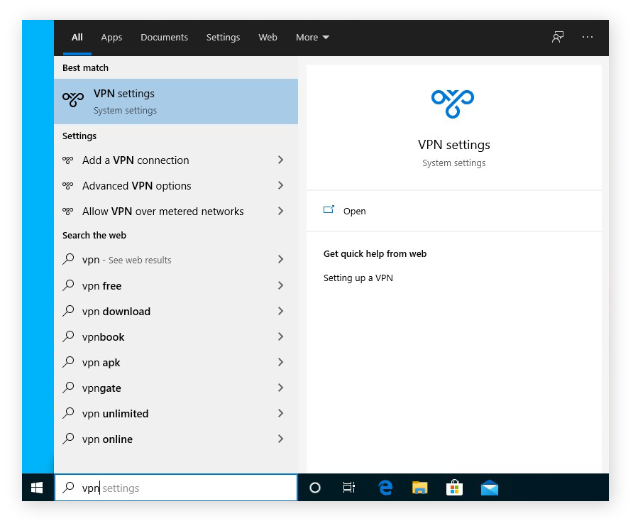 Searching for VPN in the Cortana search bar for Windows 10 in order to find the VPN Settings