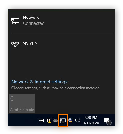 Connecting to a VPN in Windows 10 from the Network icon in the taskbar