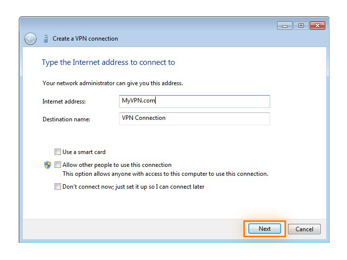 Entering the VPN server name to create a new VPN connection in Windows 7