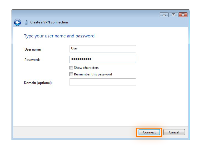 Entering the user name and password for a new VPN connection in Windows 7