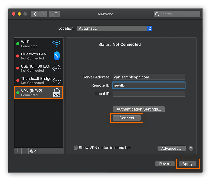 Connecting to a VPN from the Network settings in macOS Catalina. The "Apply" and "Connect" buttons are highlighted.