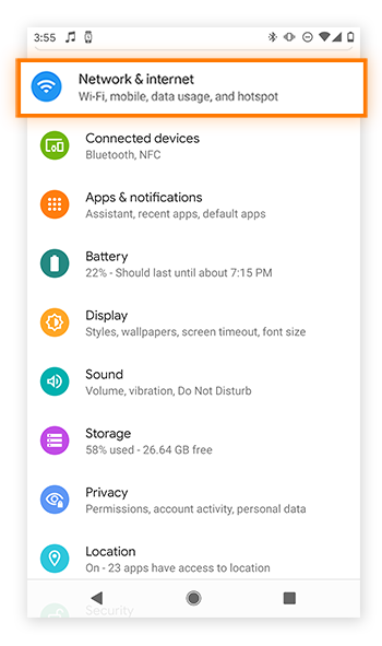 Opening up settings in Android 10.
