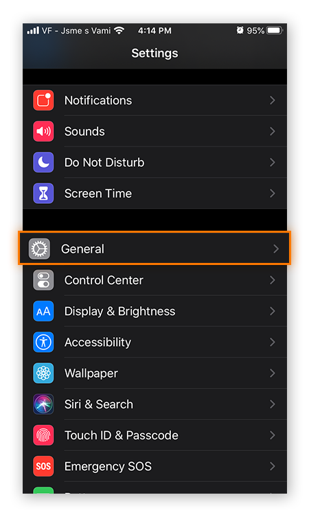 The Settings app in iOS 13, showing the location of the General Settings