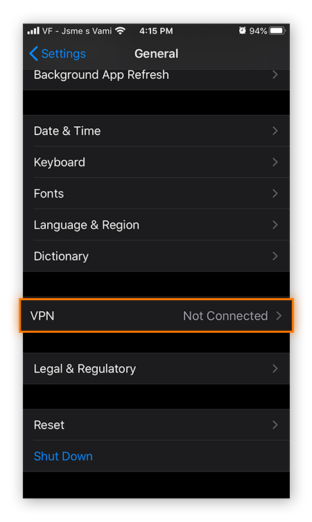 The General Settings menu in iOS 13, showing the location of the VPN settings.