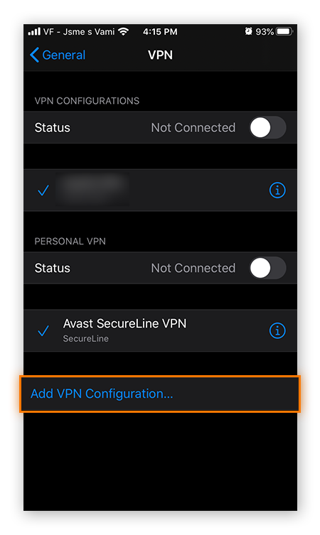 The VPN settings in iOS 13, highlighting the "Add VPN Configuration..." option