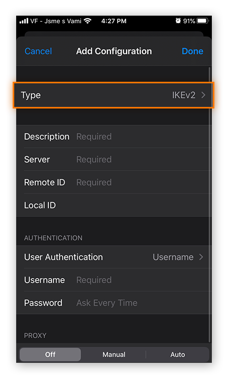 Adding and configuring a new VPN with the IKEv2 protocol in iOS 13.