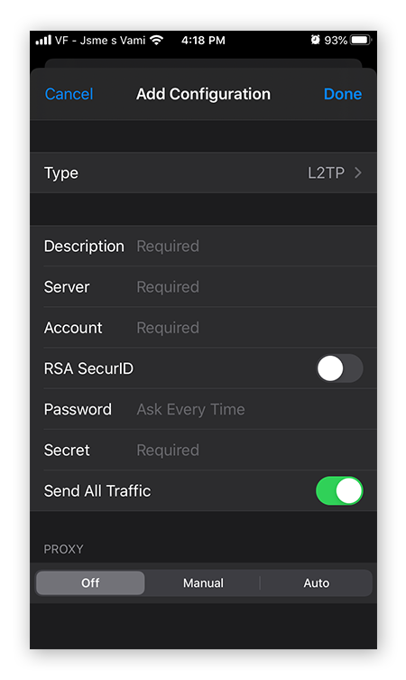 Adding and configuring a new VPN with the L2TP protocol in iOS 13.