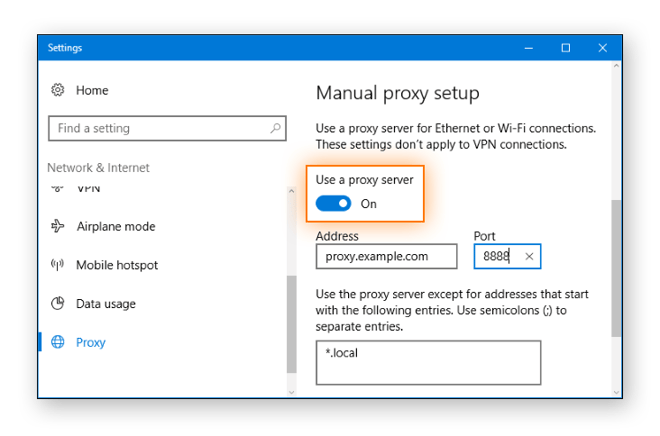 Set Windows 10 manual proxy server settings.