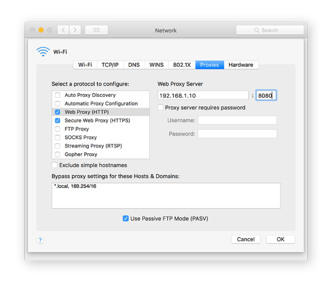 Set macOS proxy server settings.