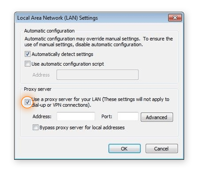 Configuring a proxy within the Local Area Network (LAN) Settings of Internet Explorer