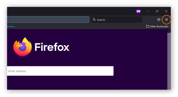  Ein Bildschirmfoto von Firefox mit dem eingekreisten Hamburger-Menü oben rechts.