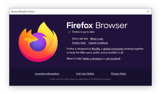 The About Firefox window displayed. It indicates that Firefox is up-to-date, so there is no Update button shown.