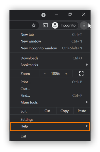  A Google Chrome window with the three dots menu open, with Help circled.