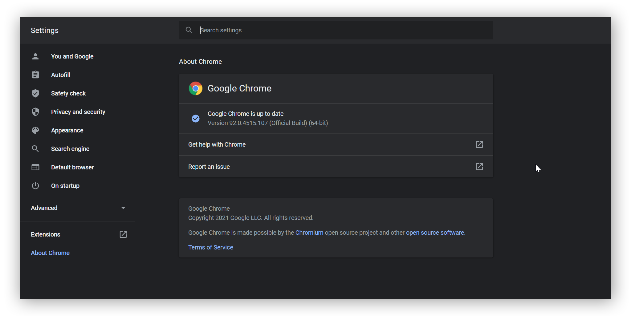 Paramètre À propos de Google Chrome indiquant que Google Chrome est à jour.
