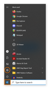 menu Start otwiera się w systemie Windows, z przyciskiem ustawienia zakreślonym.
