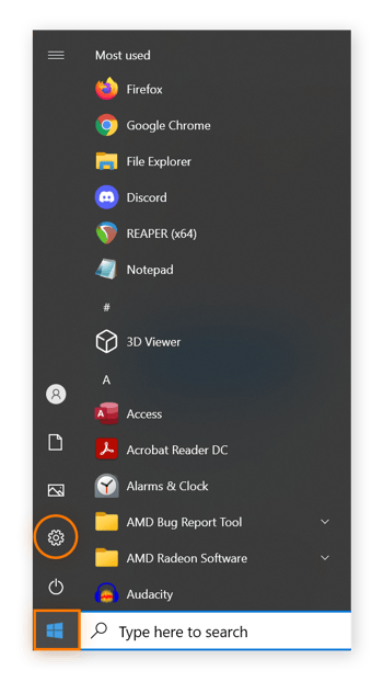 The Start menu open in Windows, with the settings button circled.
