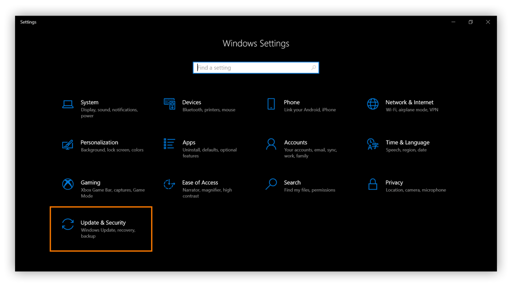  et skjermbilde Av Windows-Innstillinger med Oppdateringssikkerhet sirklet.