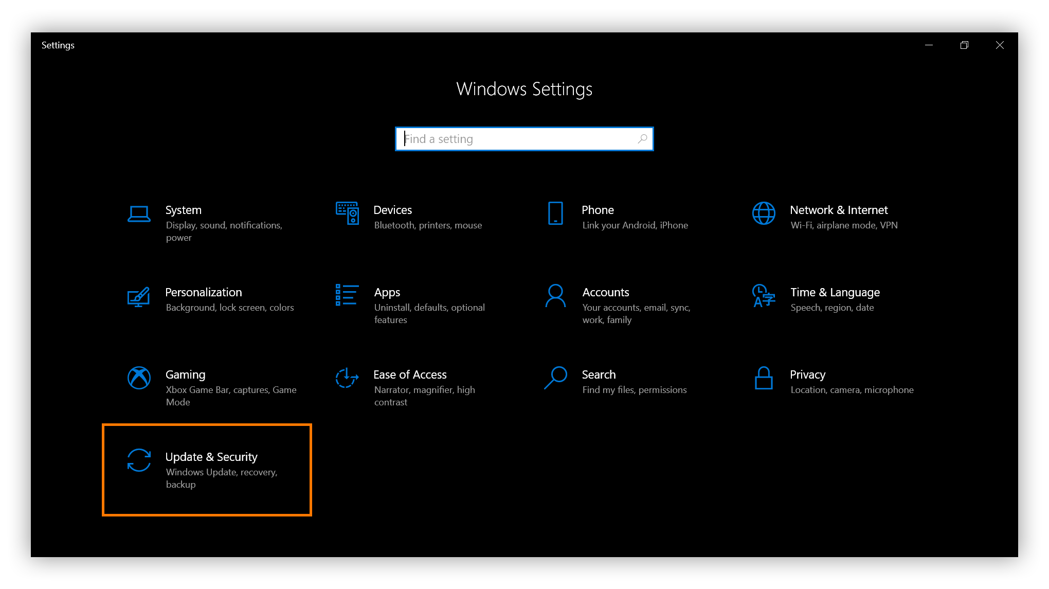 Una captura de pantalla de la Configuración de Windows con Actualización y seguridad marcado.