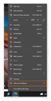a Microsoft Edge képernyőképe a főmenü megnyitásával, a Súgó és a visszajelzés körözve.