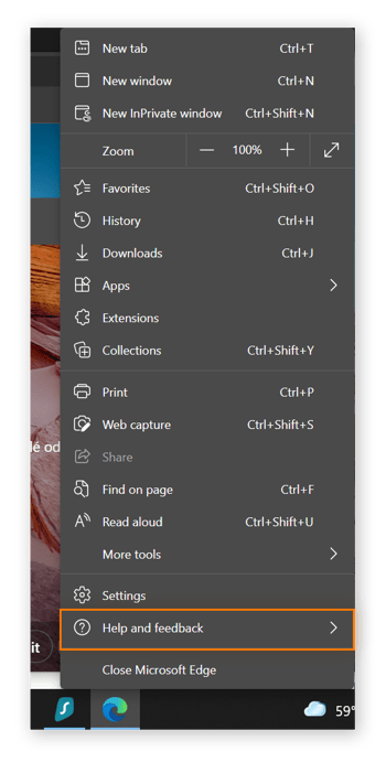 Ein Bildschirmfoto von Microsoft Edge mit dem geöffneten Hauptmenü, in dem Hilfe und Feedback eingekreist sind.