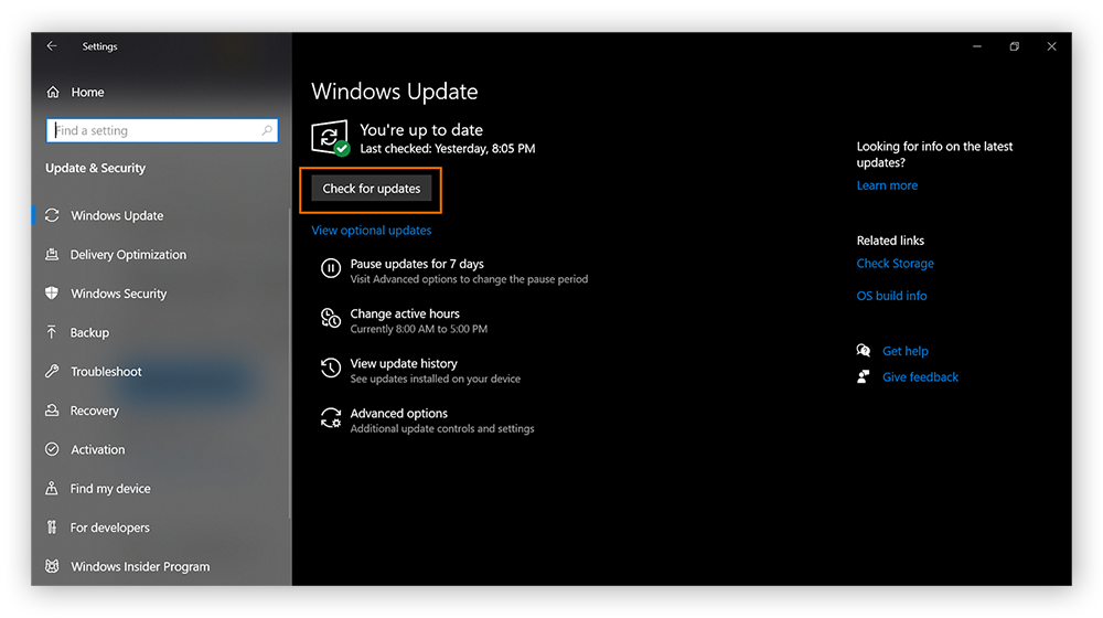 The Windows Update screen in Windows Settings, with Check for Updates circled.