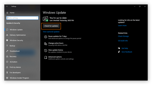  windows Update-skjermen i Windows-Innstillinger, Med Se Etter Oppdateringer sirklet.