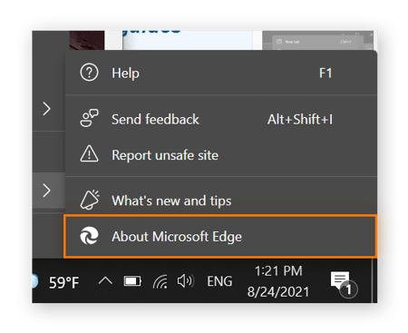 Ein Bildschirmfoto des geöffneten Untermenüs Hilfe und Feedback, in dem Über Microsoft Edge eingekreist ist.