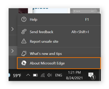 Uno screenshot del sottomenu Aiuto e feedback aperto, con Informazioni su Microsoft Edge cerchiato.