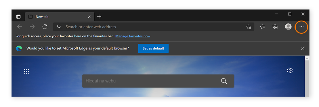 Captura de tela do Microsoft Edge com três pontos circulados no canto superior direito.