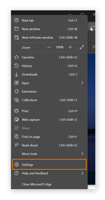 The three dots menu in Microsoft Edge with Settings circled.