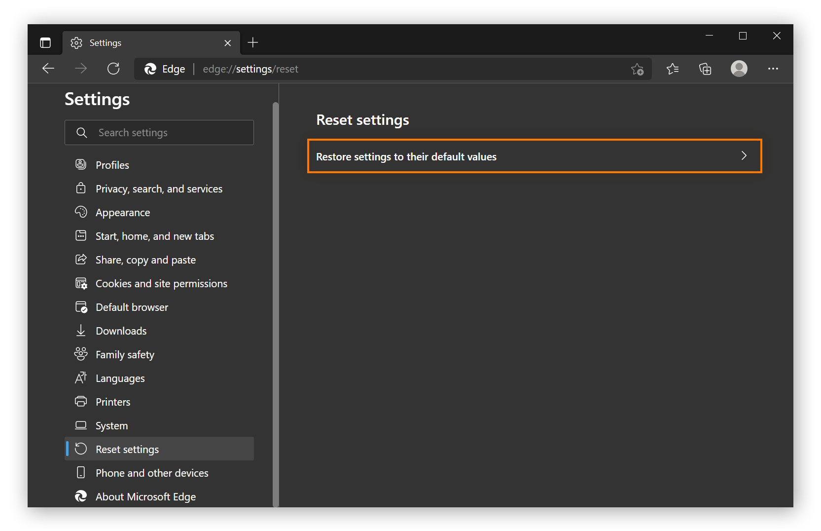 The reset settings menu in Microsoft edge.