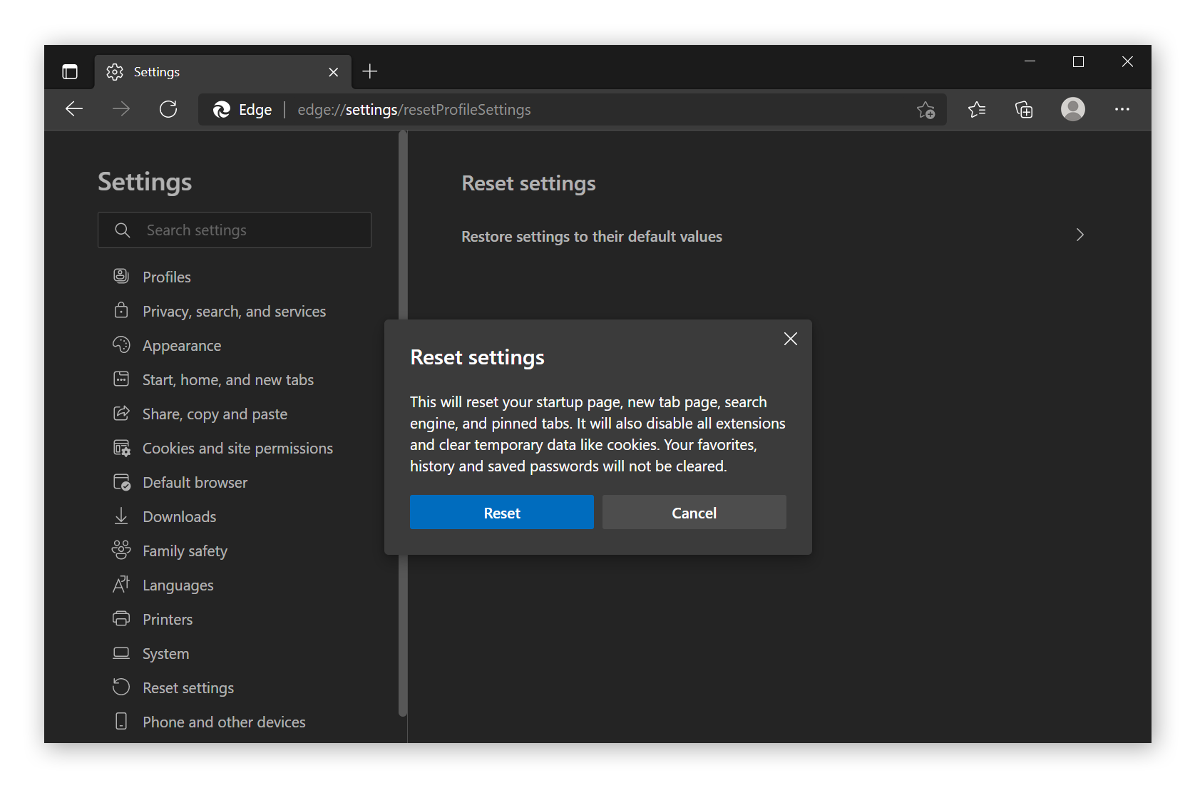 The prompt to reset Microsoft Edge and clear all data associated with it except favorites, history, and saved passwords.