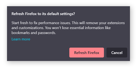 Uma captura de tela do botão Restaurar do Firefox, que reinicia o Firefox para as configurações padrão.