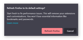 o captură de ecran a butonului de Reîmprospătare Firefox, care resetează Firefox la setările implicite.