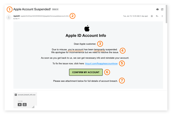 Example of a phishing scam email that impersonates Apple.