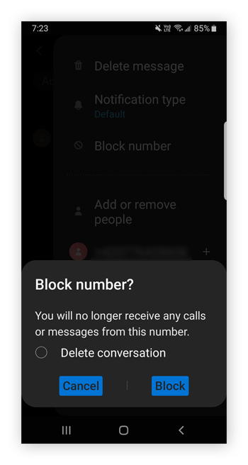 Wählen Sie die Option „Blockieren“ für die Nummer und bestätigen Sie Ihre Auswahl im Pop-up-Fenster.