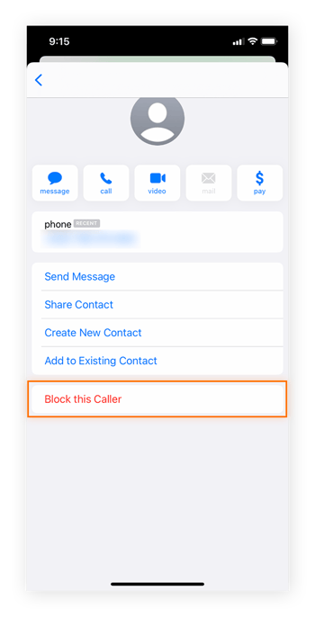 From the contact info page, scroll to the bottom and select "block this caller."