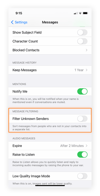From "general settings," select "messages" and turn on the "filter unknown senders" setting.