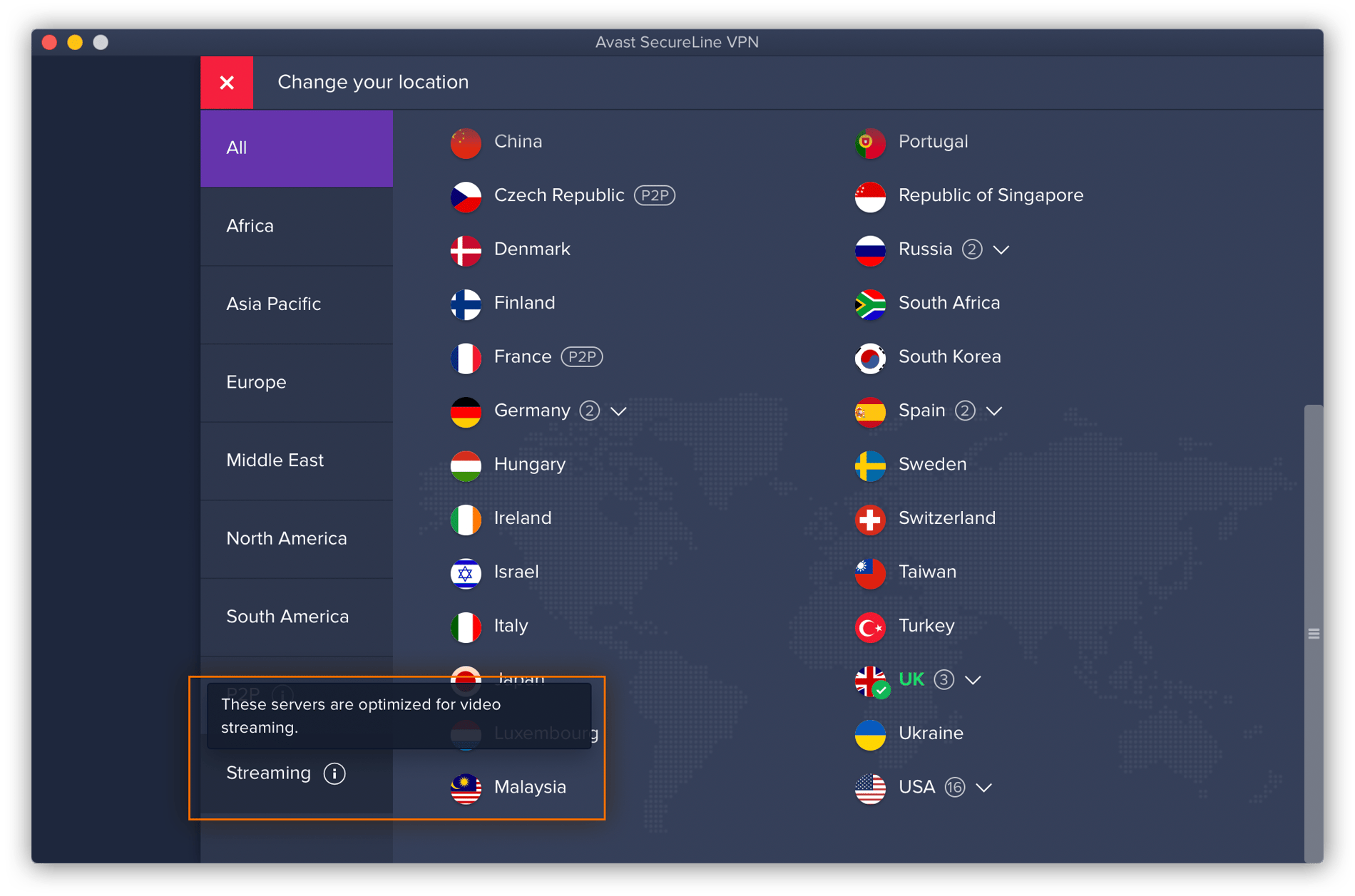 Avast SecureLine VPN gives many location options for the most reliable streaming.