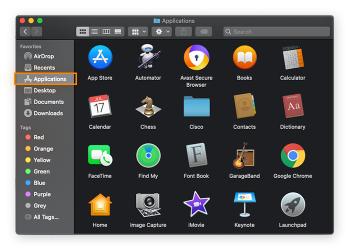 The applications folder in macOS Catalina.
