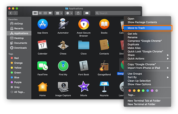 The applications folder, with the application menu open, in macOS Catalina.