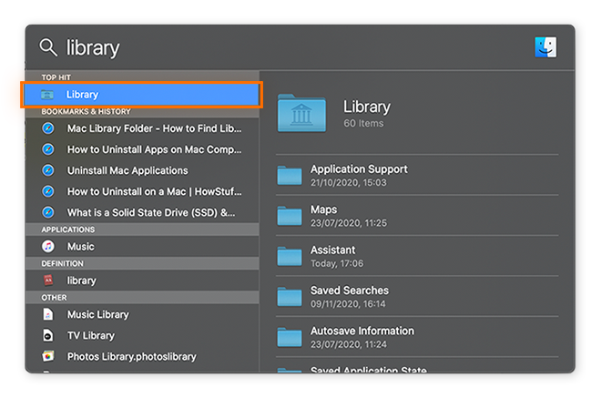 Ouverture de la bibliothèque Mac avec la recherche Spotlight.