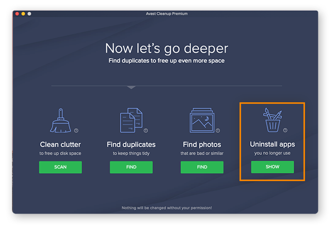 A tela inicial do Avast Cleanup mostra que você pode limpar a desordem, localizar duplicatas e fotos e desinstalar apps.