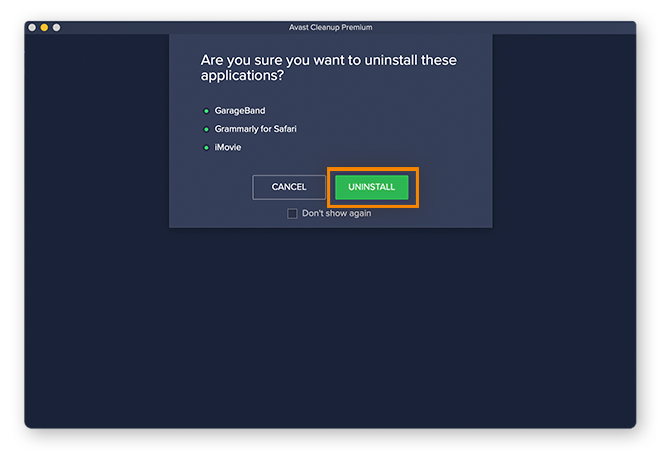 The confirmation screen before deleting an app in Avast Cleanup.