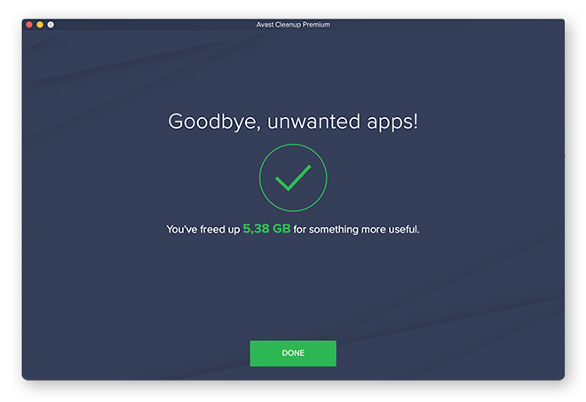 The confirmation screen showing that an app has been removed using Avast Cleanup.