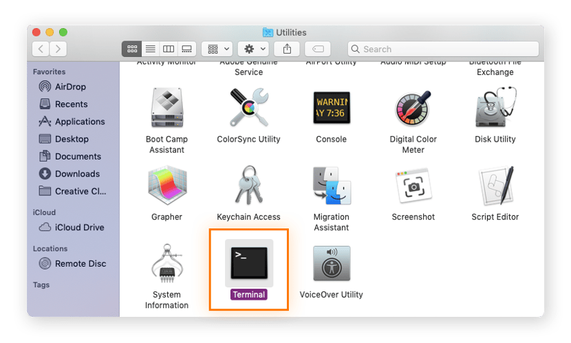 Imagen de la interfaz de usuario que muestra la herramienta de línea de comandos Terminal en Utilidades en un macOS.